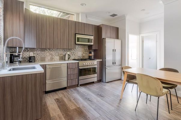 Dining room, Interior, Kitchen, Recessed Lighting, Stainless Steel Appliances, Wood Texture Flooring