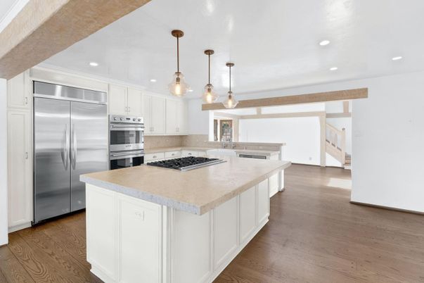 Interior, Kitchen, Pendant Lights, Recessed Lighting, Stainless Steel Appliances, Wood Texture Flooring