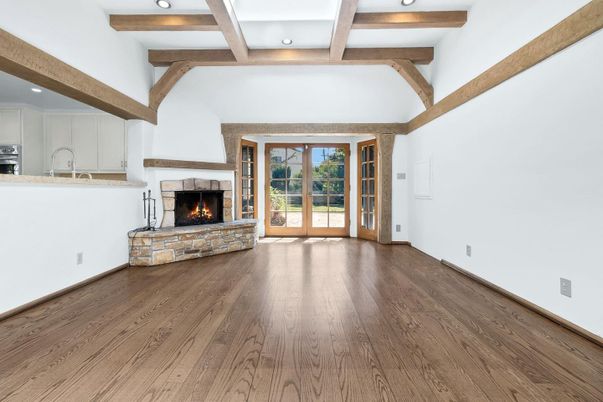 Empty room, Fireplace, Interior, Recessed Lighting, Wooden Beams, Wood Texture Flooring