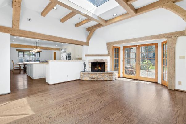 Fireplace, Interior, Kitchen, Pendant Lights, Recessed Lighting, Wooden Beams, Wood Texture Flooring