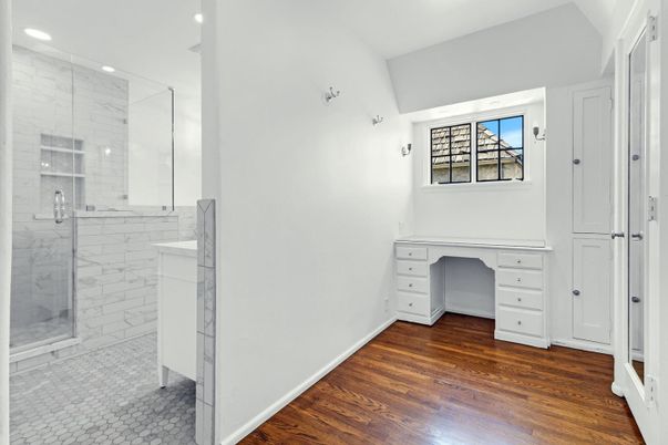 Bathroom, Glass Shower, Interior, Recessed Lighting, Wood Texture Flooring
