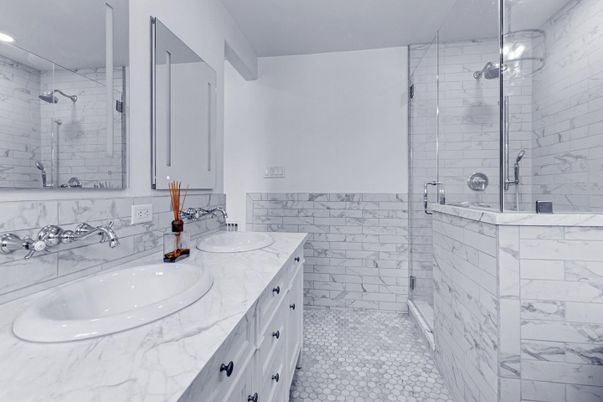 Bathroom, Dual Sink Vanities, Glass Shower, Interior, Marble Walls, Recessed Lighting