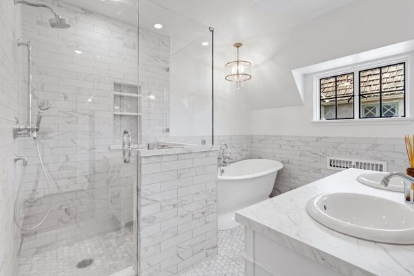 Bathroom, Dual Sink Vanities, Free Standing Baths, Glass Shower, Interior, Marble Walls, Recessed Lighting