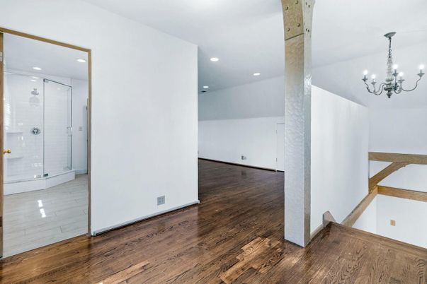 Bathroom, Chandelier, Empty room, Interior, Recessed Lighting, Wood Texture Flooring