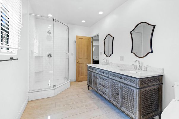 Bathroom, Dual Sink Vanities, Glass Shower, Interior, Recessed Lighting