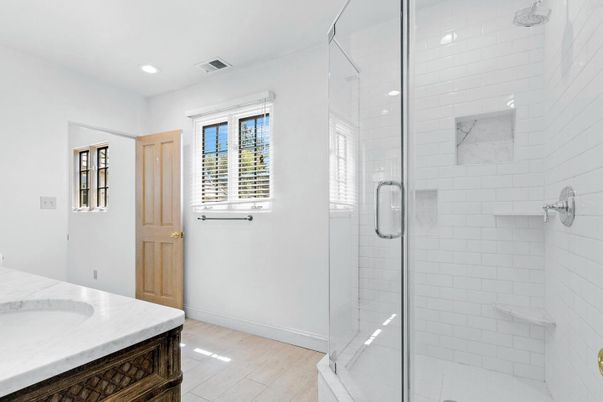 Bathroom, Glass Shower, Interior, Recessed Lighting, Wood Texture Flooring