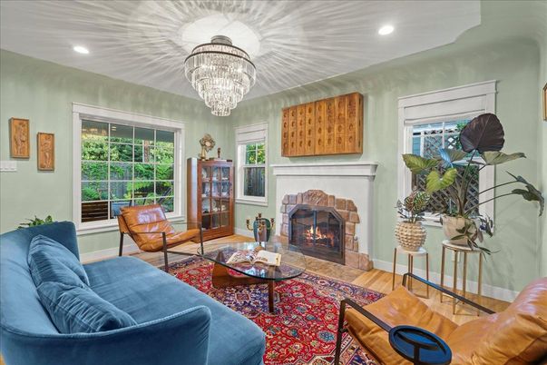 Chandelier, Fireplace, Interior, Living room, Recessed Lighting, Wood Texture Flooring