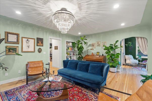 Chandelier, Interior, Living room, Recessed Lighting, Wood Texture Flooring
