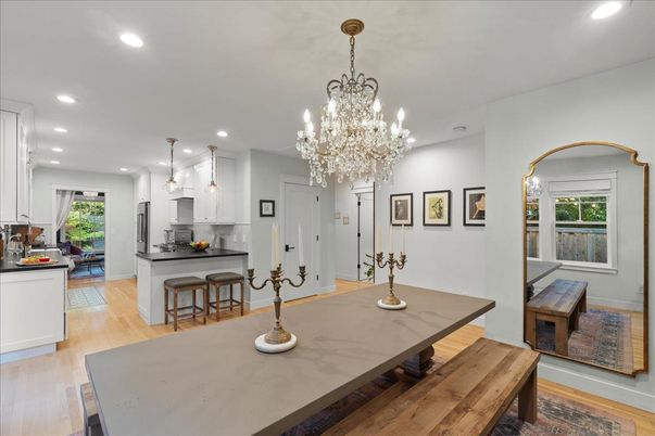 Chandelier, Interior, Kitchen, Pendant Lights, Recessed Lighting, Wood Texture Flooring