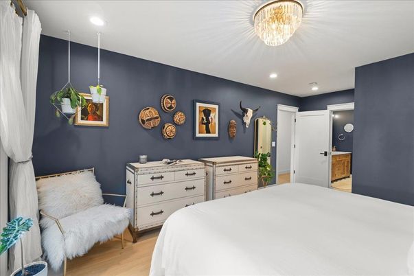 Bedroom, Chandelier, Interior, Recessed Lighting, Wood Texture Flooring