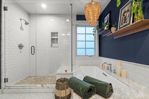 Bathroom, Chandelier, Glass Shower, Interior, Recessed Lighting