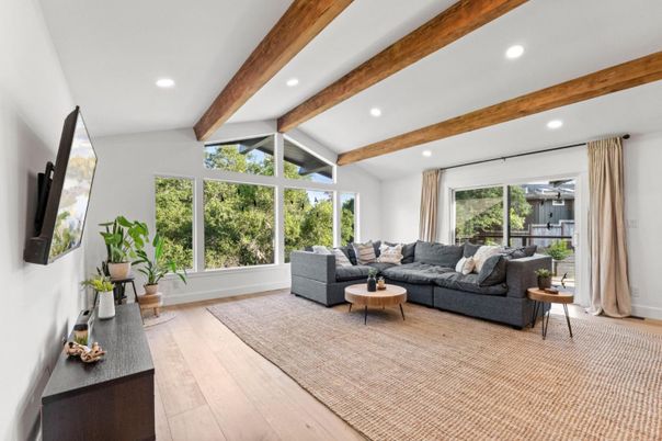 Interior, Living room, Recessed Lighting, Wooden Beams, Wood Texture Flooring
