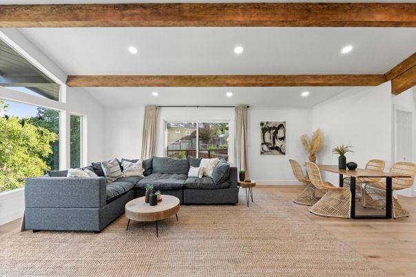 Dining room, Interior, Living room, Recessed Lighting, Wooden Beams, Wood Texture Flooring