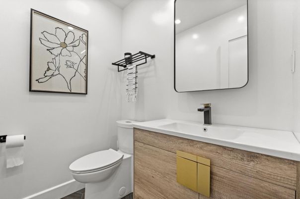 Bathroom, Interior, Recessed Lighting, Wood Texture Flooring