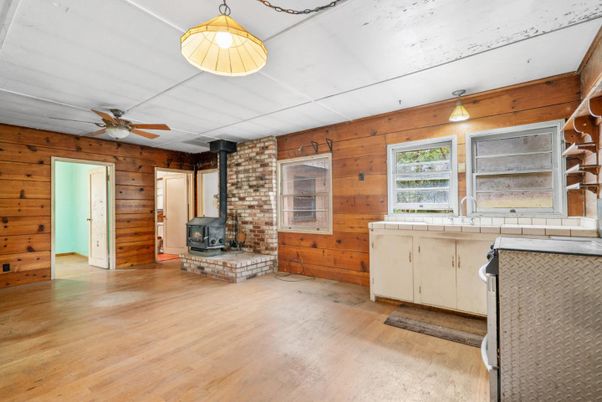 Empty room, Fireplace, Interior, Stone Walls, Wood Texture Flooring, Wooden Walls