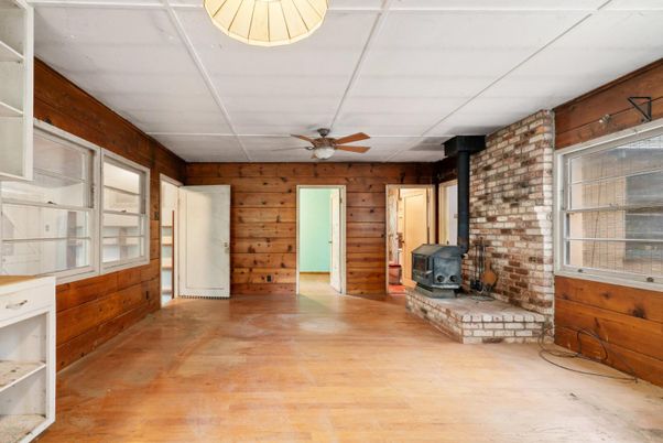 Empty room, Fireplace, Interior, Stone Walls, Wood Texture Flooring, Wooden Walls