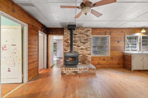 Empty room, Fireplace, Interior, Stone Walls, Wood Texture Flooring, Wooden Walls