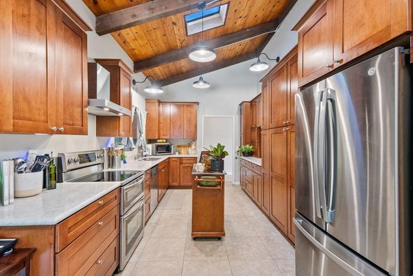 Interior, Kitchen, Stainless Steel Appliances, Tile Countertops, Wooden Beams, Wooden Ceilings
