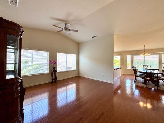 Dining room, Interior, Pendant Lights, Wood Texture Flooring