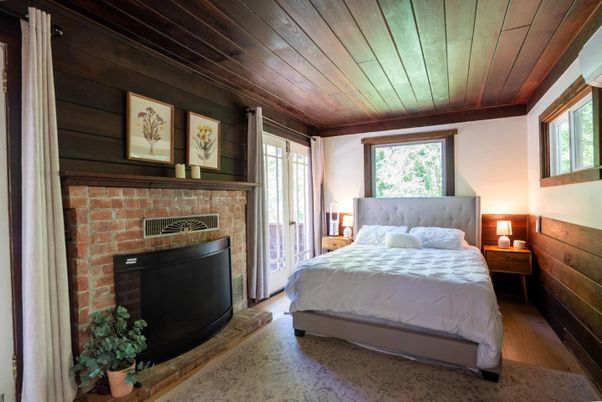 Bedroom, Fireplace, Interior, Wooden Ceilings, Wood Texture Flooring