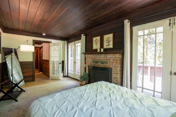 Bedroom, Fireplace, Interior, Wooden Ceilings, Wood Texture Flooring