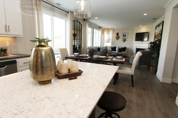 Dining room, Fireplace, Interior, Kitchen, Recessed Lighting, Wood Texture Flooring