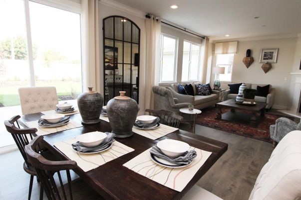 Dining room, Interior, Living room, Recessed Lighting, Wood Texture Flooring