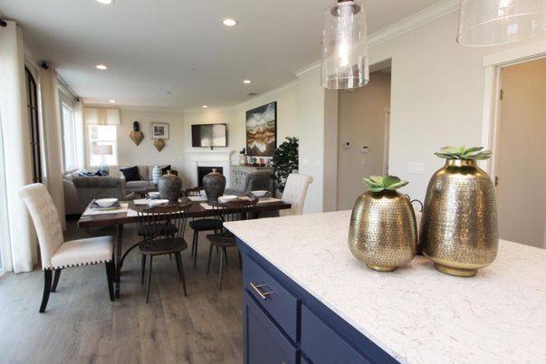 Dining room, Fireplace, Interior, Living room, Recessed Lighting, Wood Texture Flooring