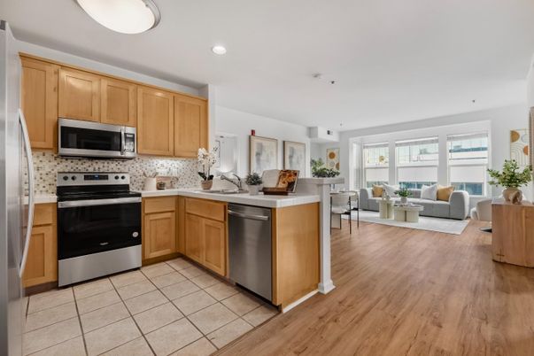 Interior, Kitchen, Living room, Recessed Lighting, Stainless Steel Appliances, Wood Texture Flooring