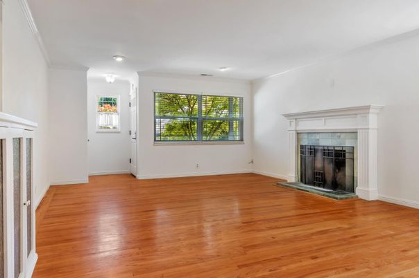 Empty room, Fireplace, Interior, Recessed Lighting, Wood Texture Flooring