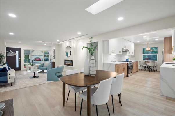Dining room, Fireplace, Interior, Kitchen, Living room, Pendant Lights, Recessed Lighting, Stainless Steel Appliances, Wood Texture Flooring