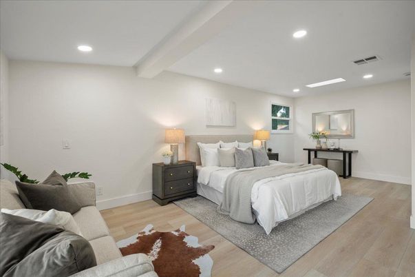 Bedroom, Interior, Recessed Lighting, Wood Texture Flooring