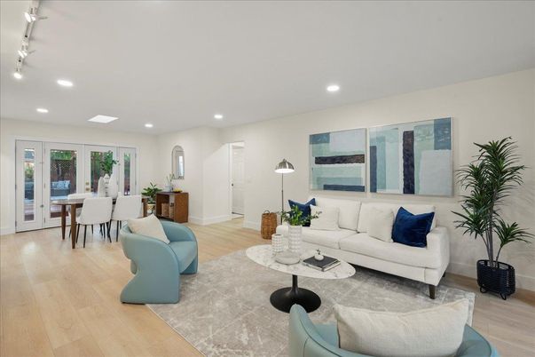 Dining room, Interior, Living room, Recessed Lighting, Wood Texture Flooring