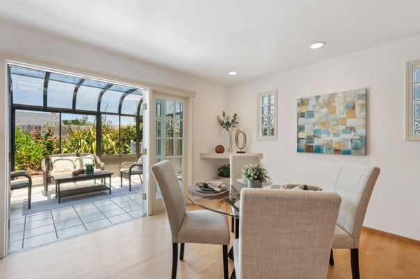 Dining room, Interior, Recessed Lighting, Wood Texture Flooring