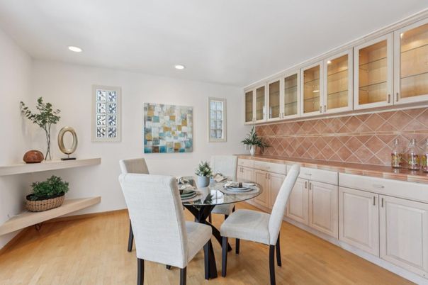 Dining room, Interior, Recessed Lighting, Wood Texture Flooring
