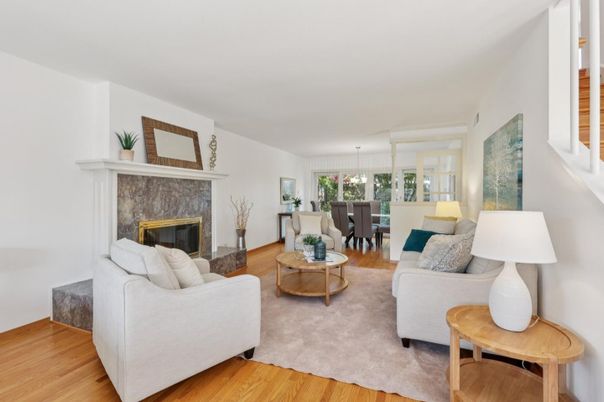Dining room, Fireplace, Interior, Living room, Pendant Lights, Wood Texture Flooring