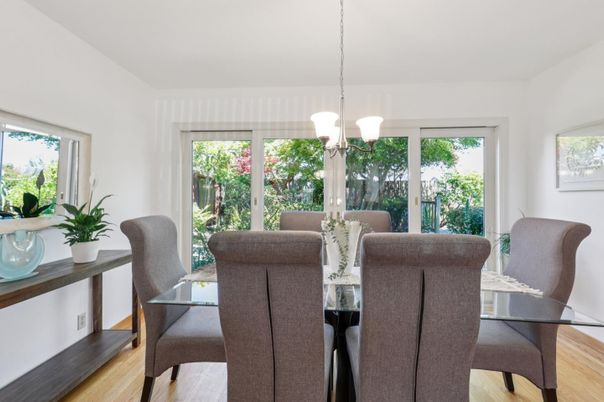 Dining room, Interior, Pendant Lights, Wood Texture Flooring