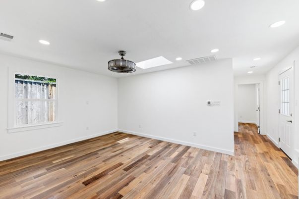 Empty room, Interior, Recessed Lighting, Wood Texture Flooring