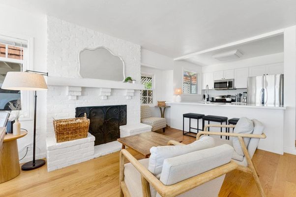Fireplace, Interior, Kitchen, Living room, Stainless Steel Appliances, Stone Walls, Wood Texture Flooring