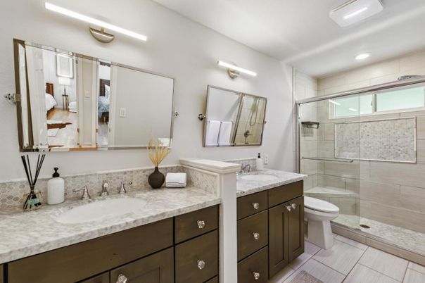 Bathroom, Dual Sink Vanities, Glass Shower, Interior, Recessed Lighting