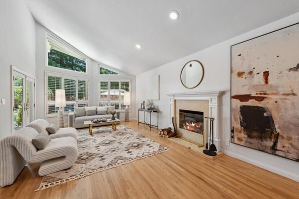 Fireplace, Interior, Living room, Recessed Lighting, Wood Texture Flooring