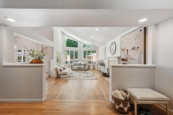 Fireplace, Interior, Living room, Recessed Lighting, Wood Texture Flooring