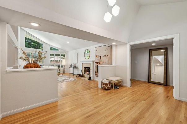 Fireplace, Interior, Pendant Lights, Recessed Lighting, Wood Texture Flooring