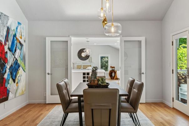 Dining room, Interior, Pendant Lights, Recessed Lighting, Wood Texture Flooring
