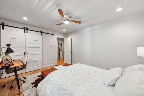 Bedroom, Interior, Recessed Lighting, Wood Texture Flooring