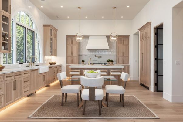 Dining room, Interior, Kitchen, Pendant Lights, Recessed Lighting, Wood Texture Flooring