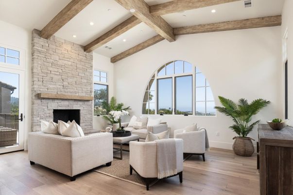 Fireplace, Interior, Living room, Recessed Lighting, Stone Walls, Wooden Beams, Wood Texture Flooring
