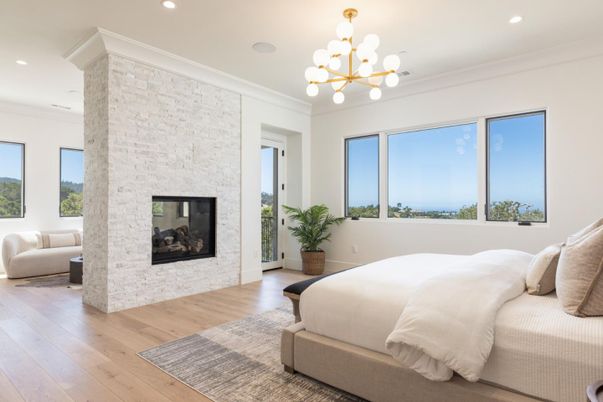 Bedroom, Fireplace, Interior, Pendant Lights, Recessed Lighting, Wood Texture Flooring