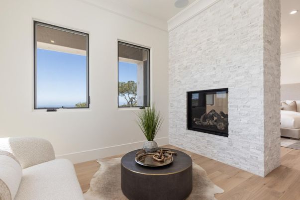 Fireplace, Interior, Recessed Lighting, Stone Walls, Wood Texture Flooring