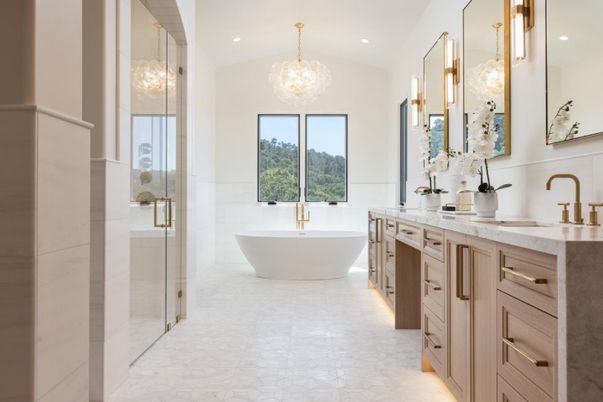 Bathroom, Chandelier, Dual Sink Vanities, Free Standing Baths, Glass Shower, Interior, Recessed Lighting